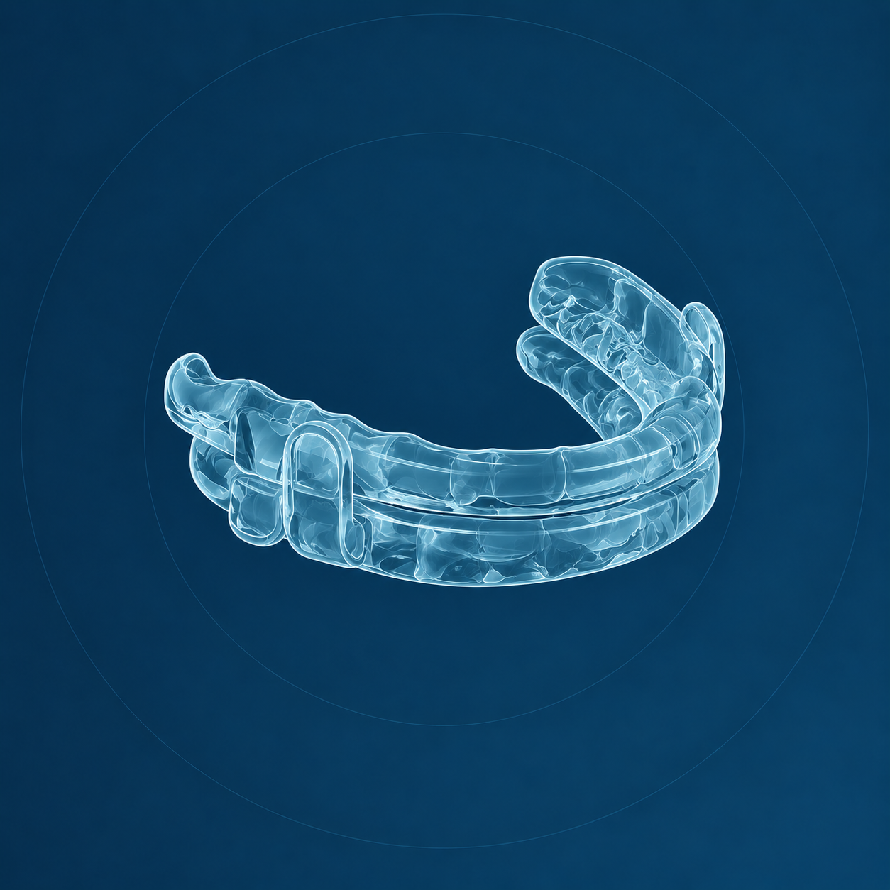 Illustration of a clear custom oral appliance with upper and lower trays