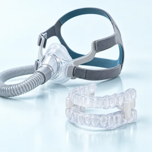 Illustration of a CPAP mask beside a metal-free oral appliance