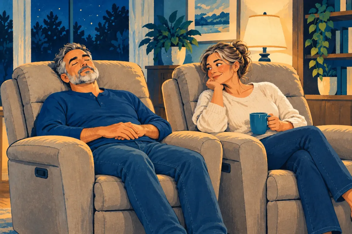 Illustration of a man sleeping in a recliner while his partner looks toward him from an adjacent chair.
