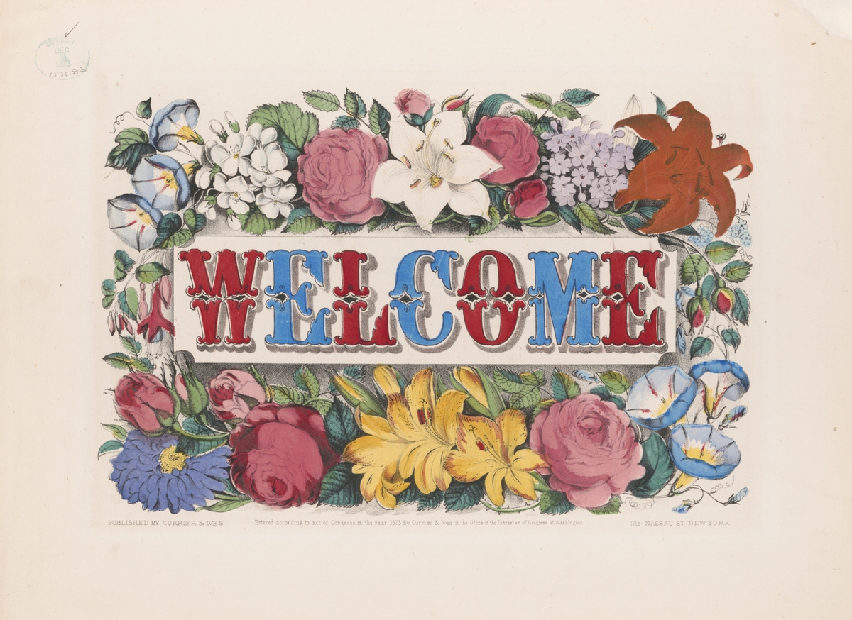 Illustrated welcome sign surrounded by flowers