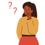 Illustration of a Black woman in a yellow blouse touching her cheek and wondering next to red question marks whether she has sleep apnea