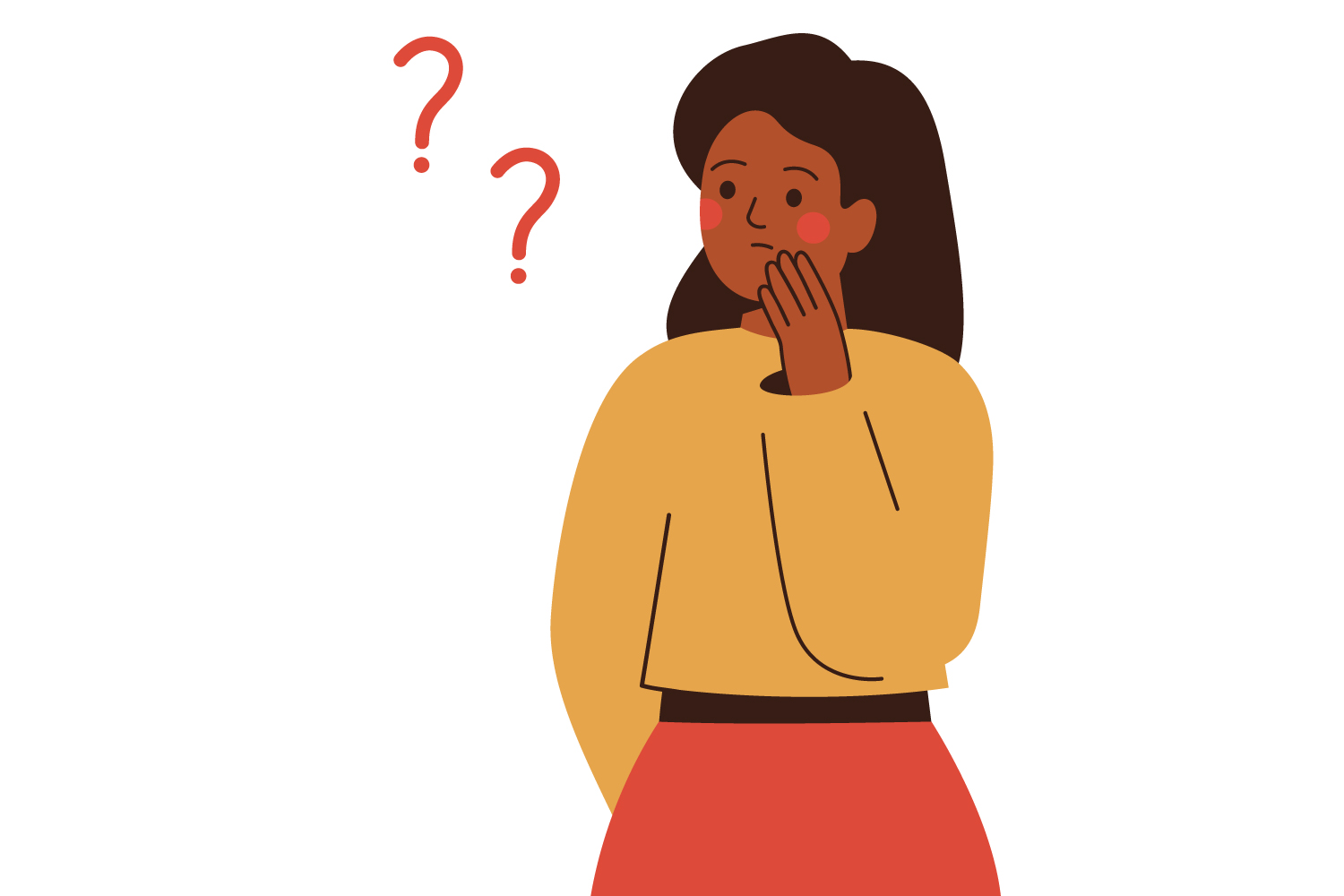 Illustration of a Black woman in a yellow blouse touching her cheek and wondering next to red question marks whether she has sleep apnea