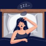 Illustration of a woman sleeping in bed with her mouth open due to sleep apnea