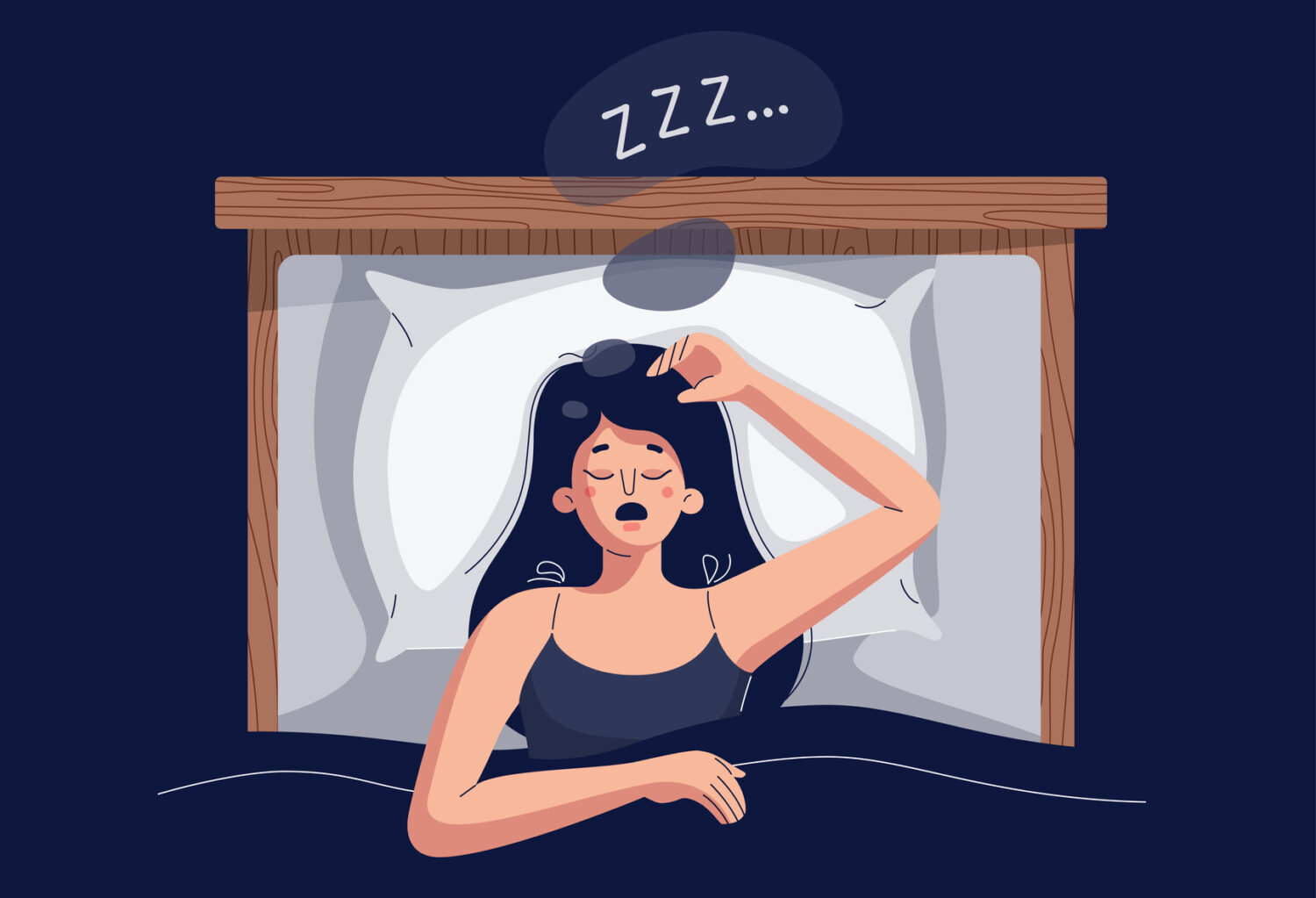 Illustration of a woman sleeping in bed with her mouth open due to sleep apnea