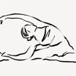Black line drawing of a woman sitting in a yoga pose with her foot against her mid-thigh as she leans over with her arm outstretched