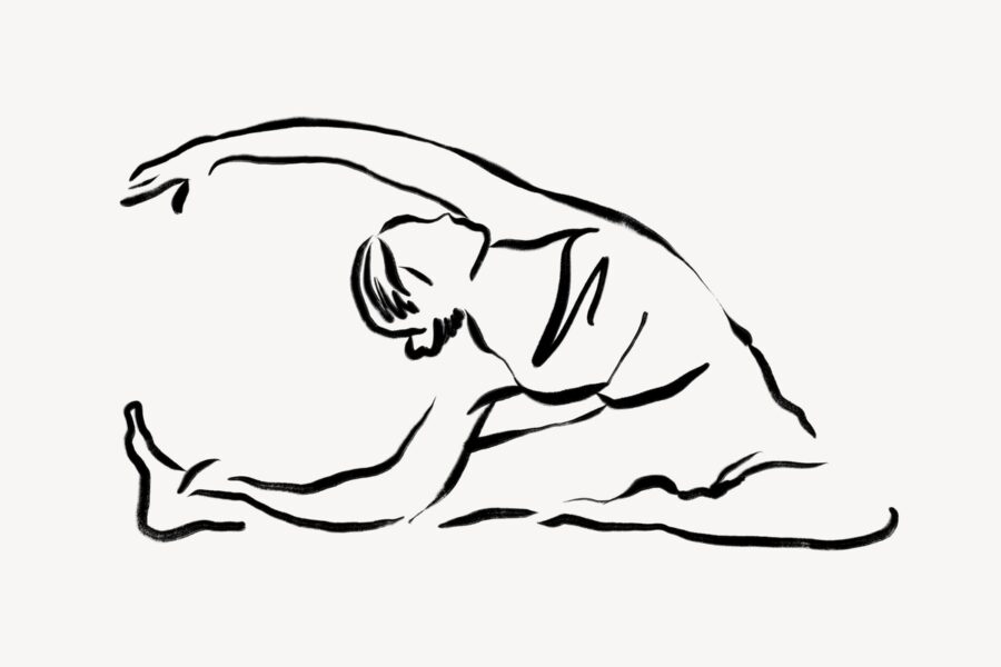 Black line drawing of a woman sitting in a yoga pose with her foot against her mid-thigh as she leans over with her arm outstretched