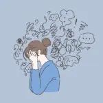 Illustration of a brunette woman in a blue shirt with her head in her hands surrounded by a cloud of squiggly lines
