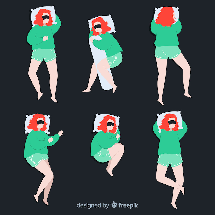 Graphic illustration of six sleeping positions. Sleeping on your side is best for sleep apnea.