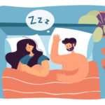 Vector illustration of man with sleep apnea snoring and woman angry and awake.