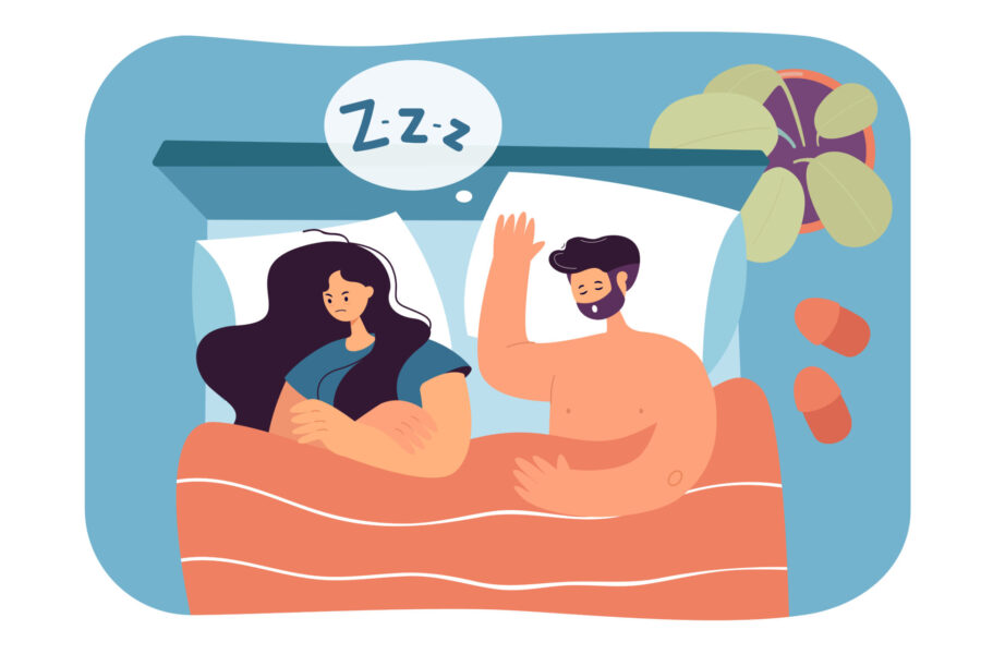 Vector illustration of man with sleep apnea snoring and woman angry and awake.